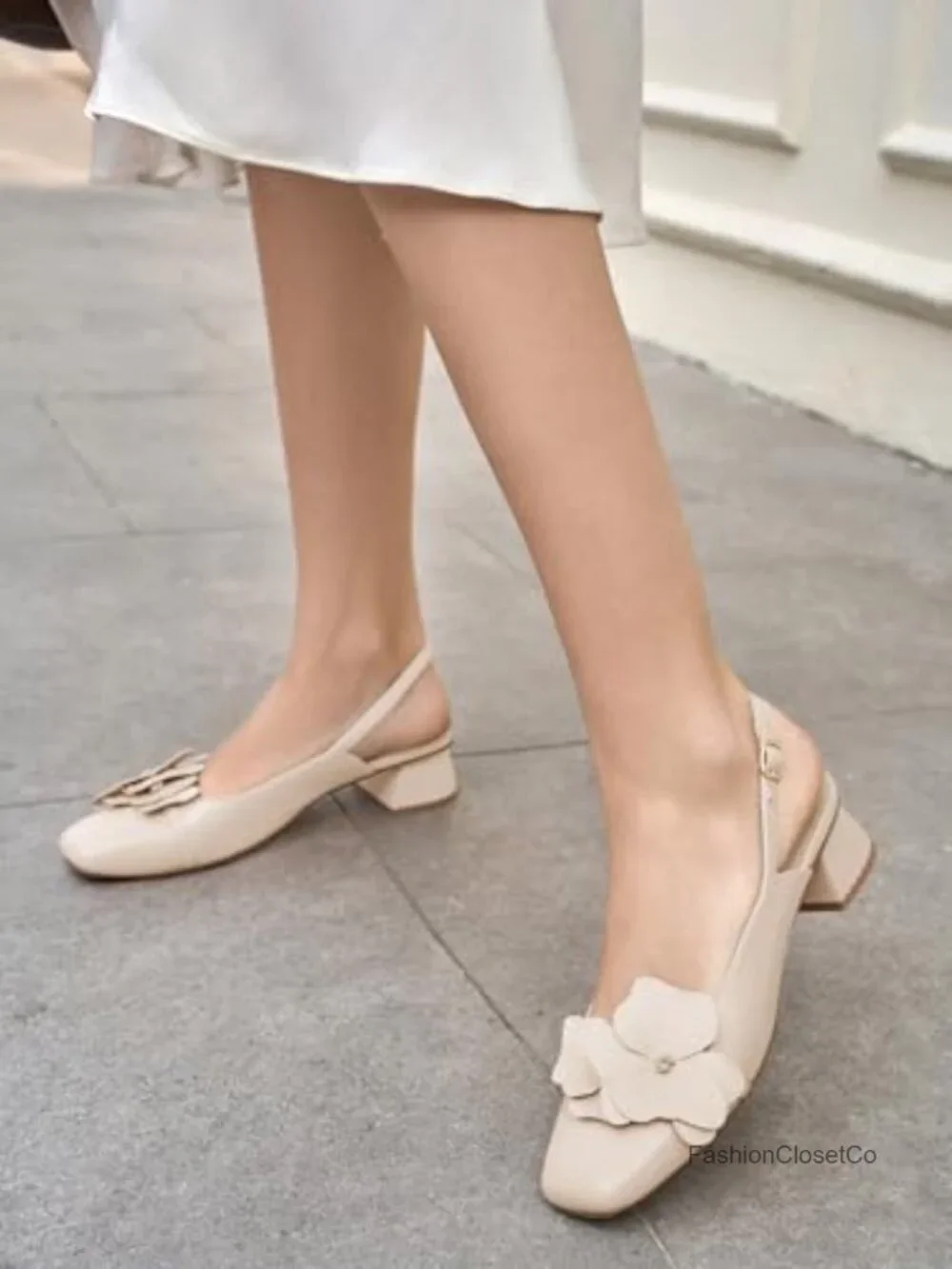 Slingback Chunky Heels Square Toe Pumps with Flower Design Dress Shoes